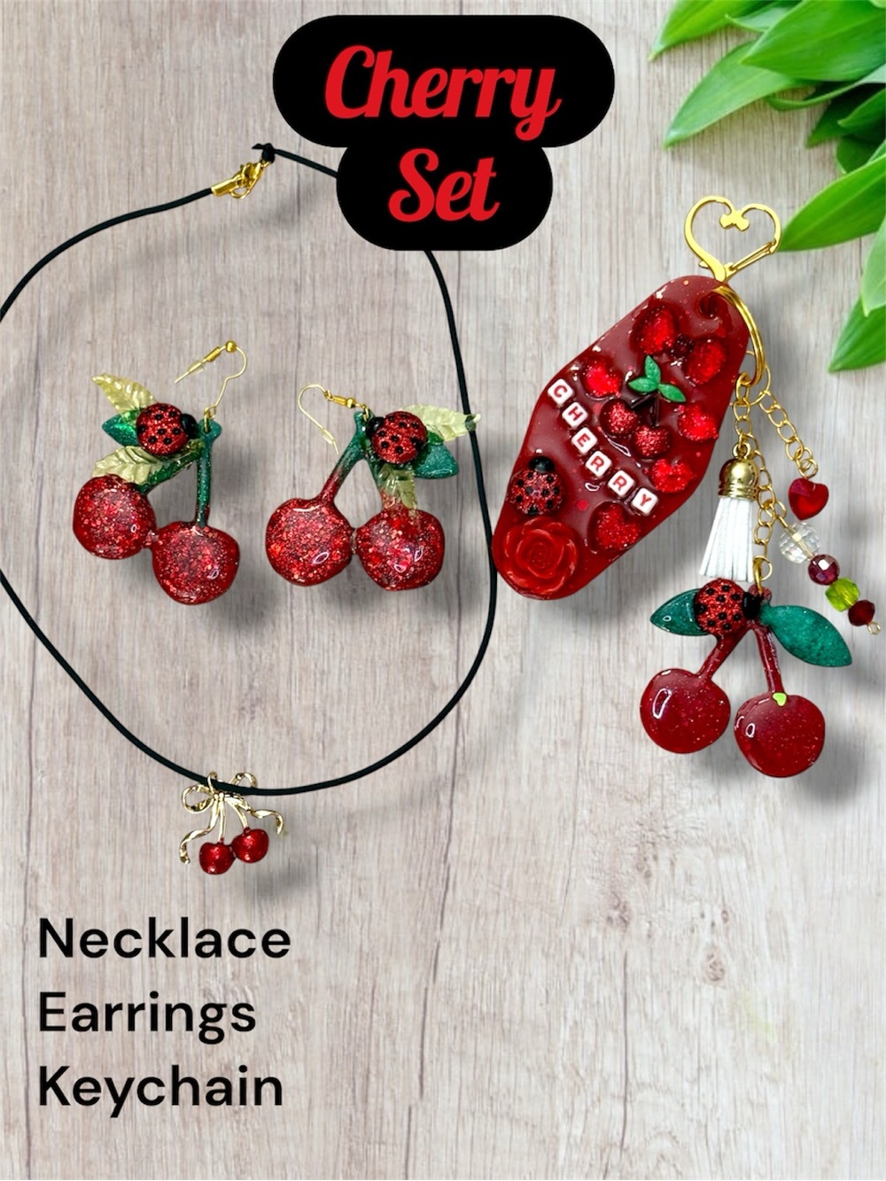 Cherry Set Necklace Earrings Keychain, Jewelry Set 3, Ladybug, Mon Cheri, Mom